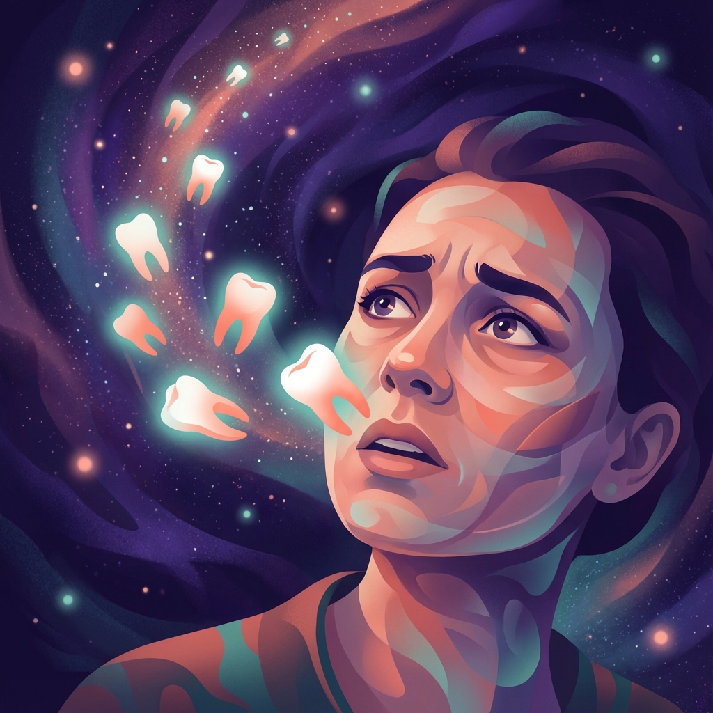 Ilustrație artistică cu o femeie și dinți care plutesc într-un univers oniric