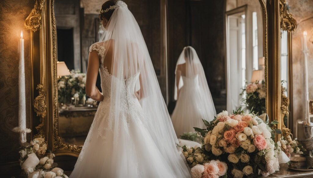 Mireasă în rochie albă privită din spate, în fața oglinzii