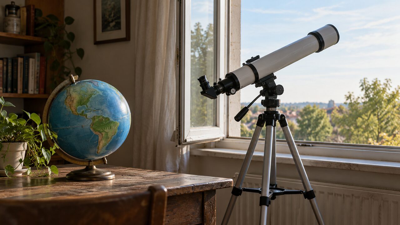 Un telescop pe trepied lângă o fereastră deschisă și un glob pământesc pe o masă de lemn, în lumină naturală.
