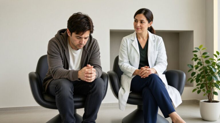Un adult discută calm cu un medic într-o sală de consultații.