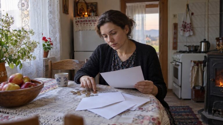 Un adult numără monede la masa din bucătărie.