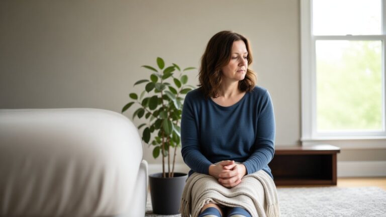 Un adult stă liniștit într-o cameră, cu privirea pierdută și expresie confuză.