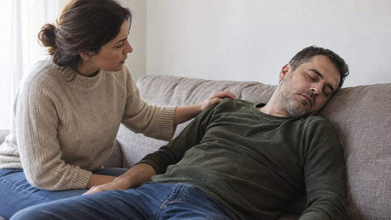 Un adult leșinat pe o canapea, în timp ce altcineva îi verifică starea.
