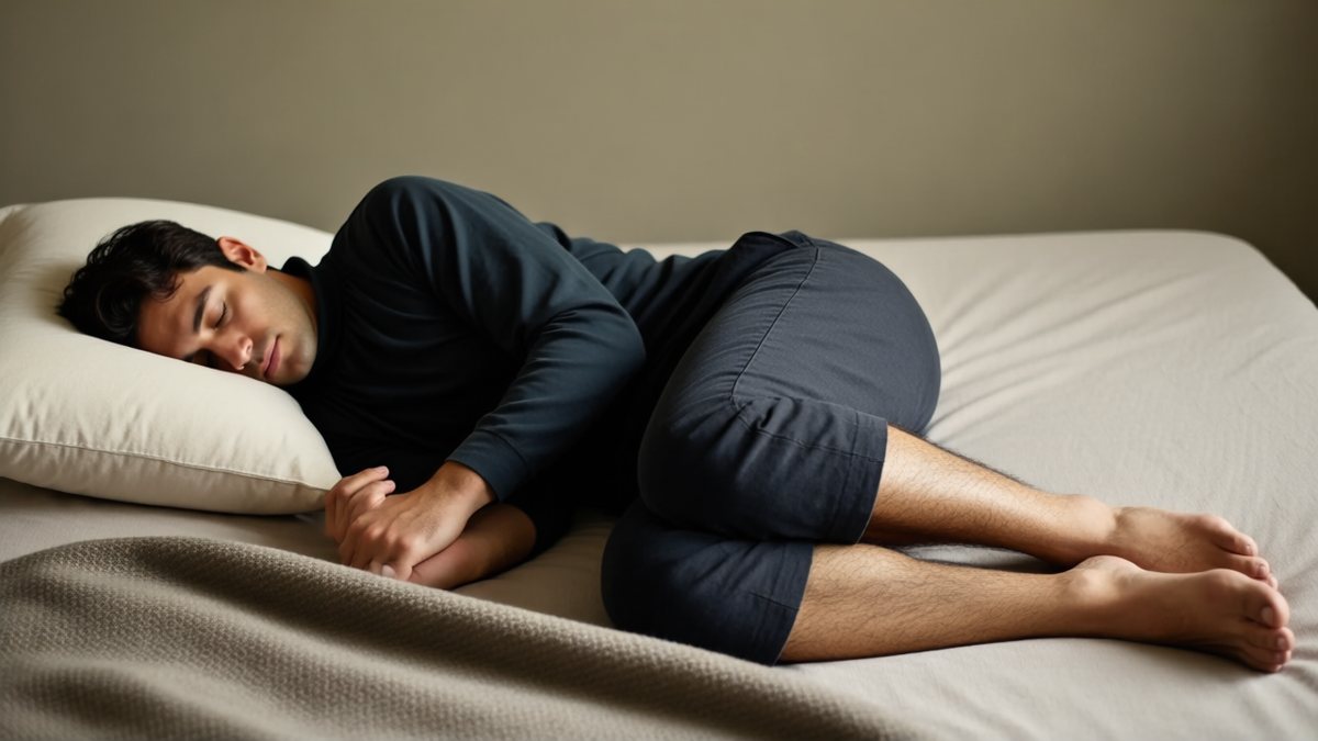Un adult doarme pe o parte, cu picioarele îndoite și părul de pe gambe vizibil.