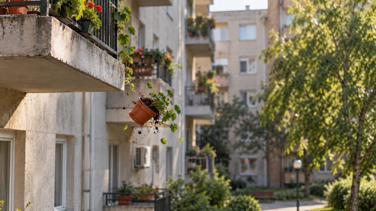 Ghiveci cu plantă surprins în cădere de pe balconul unui bloc, fără oameni în jur.