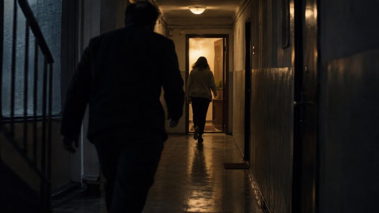 O persoană se îndreaptă spre o ușă luminată, urmărită pe un hol întunecat de o siluetă aflată în prim-plan.