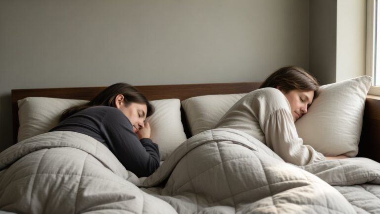 Doi adulți dorm unul lângă altul într-un pat, într-o cameră simplă.