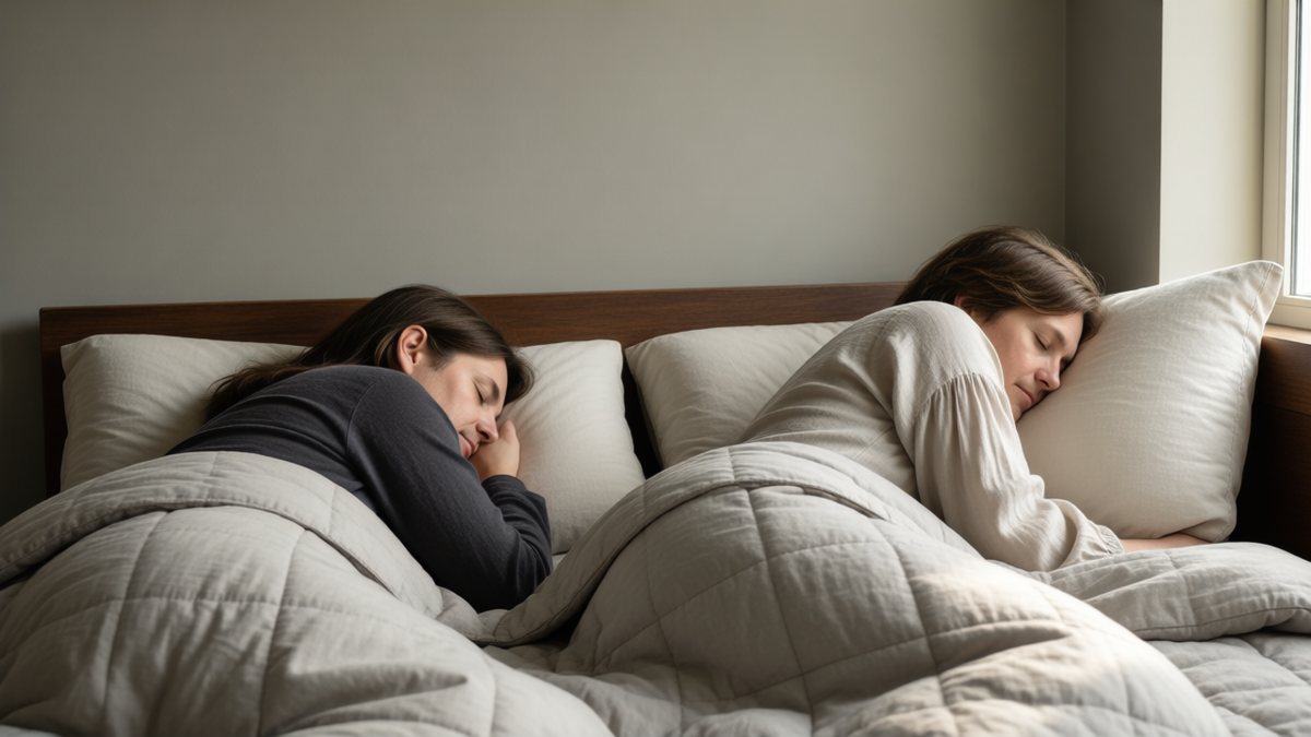 Doi adulți dorm unul lângă altul într-un pat, într-o cameră simplă.