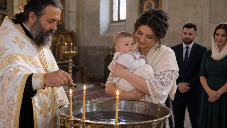 Nașa ține bebelușul lângă cristelniță într-o biserică ortodoxă.