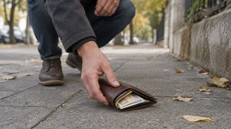 Un adult găsește și ridică un portofel cu bancnote pe trotuar.