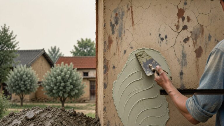 Un adult întinde lut umed pe peretele unei case de la sat.
