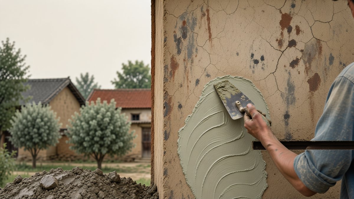 Un adult întinde lut umed pe peretele unei case de la sat.