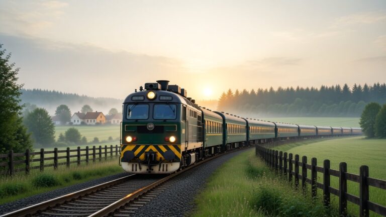 Un tren de călători traversează peisajul rural românesc în lumina dimineții.
