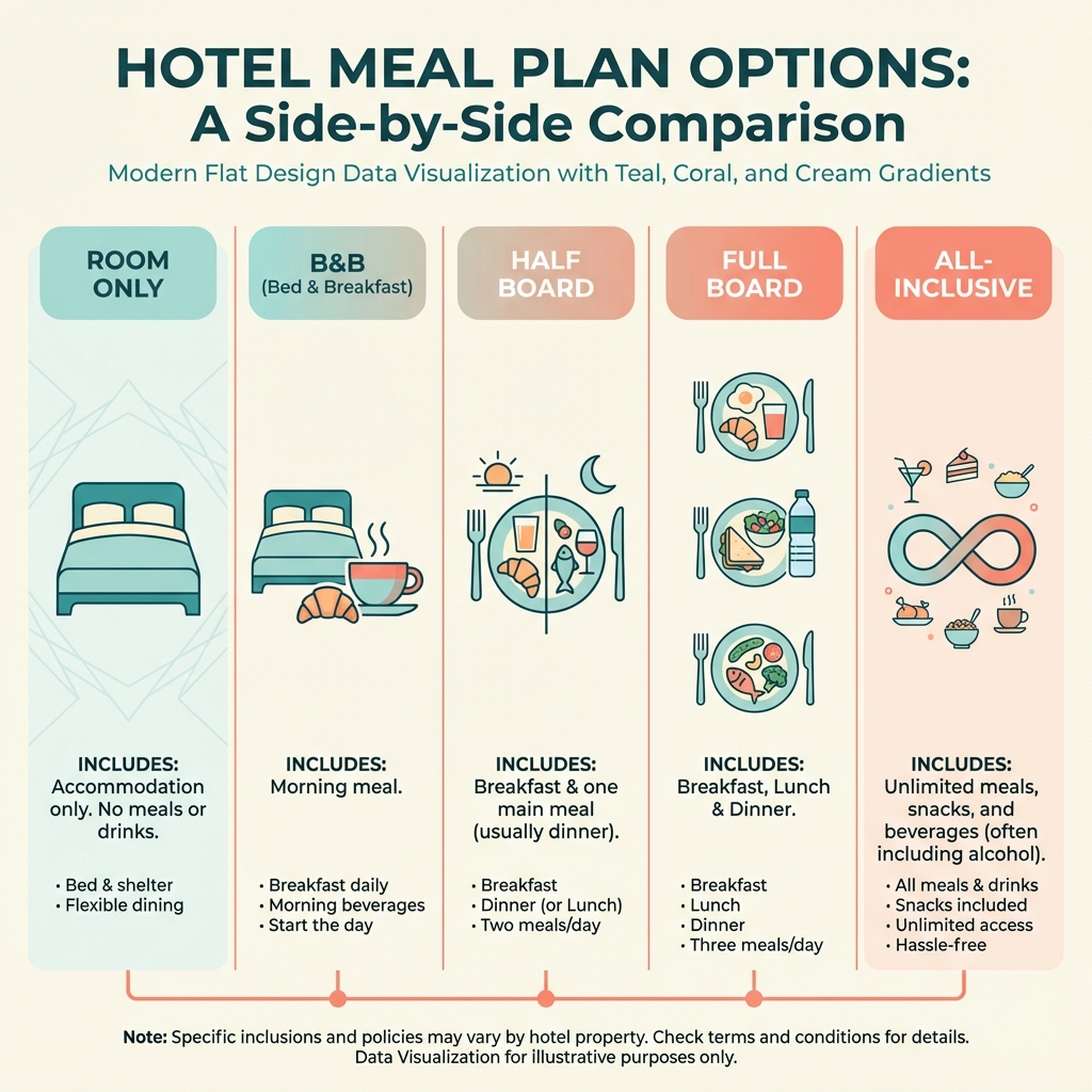 Infografic comparativ tipuri de cazare hotel: doar cazare, B&B, demipensiune, pensiune completă, all-inclusive