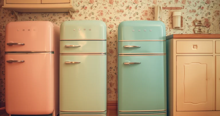 Trei frigidere clasa F intr-o bucatarie, stil vintage
