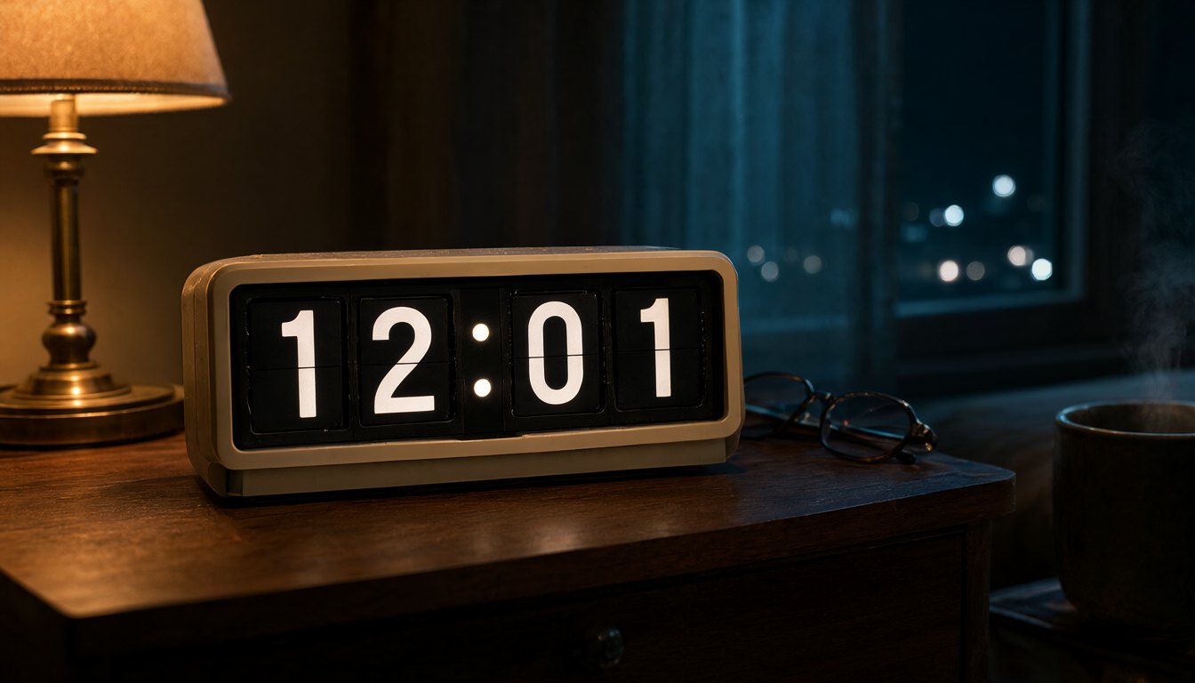 Ceas retro cu cartonașe care arată ora 12:01, pe o noptieră luminată de o veioză, noaptea