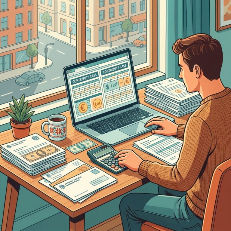 Freelancer calculând CASS pe laptop cu documente financiare - ghid PFA 2026