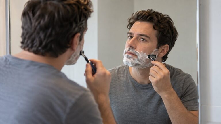 Un bărbat adult își rade barba în fața oglinzii din baie.