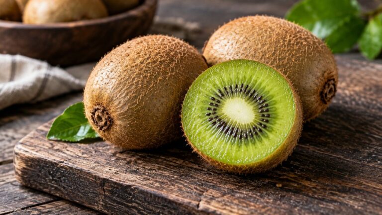 Fructe de kiwi proaspete, întregi și tăiate în jumătate pe un fund de lemn rustic.