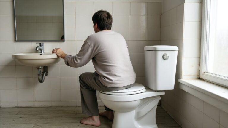 O persoană adultă, îmbrăcată, stă pe capacul închis al toaletei, cu o mână sprijinită pe chiuvetă.