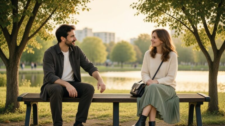 Doi foști parteneri adulți se întâlnesc pe o bancă într-un parc liniștit.