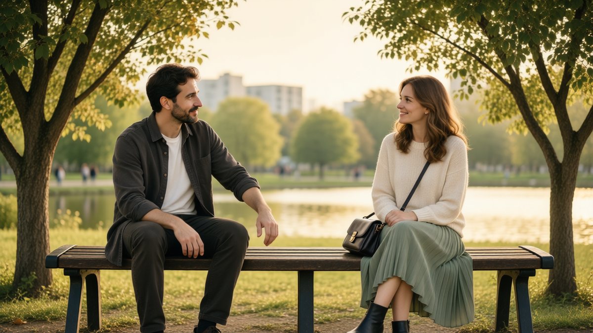 Doi foști parteneri adulți se întâlnesc pe o bancă într-un parc liniștit.