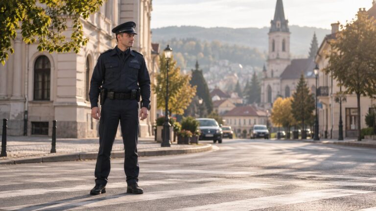 Un polițist adult, în uniformă simplă, stă calm la o trecere de stradă.