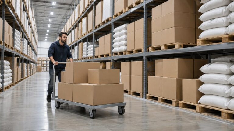 Culoar de depozit en-gros cu rafturi pline de cutii de carton și un client cu un cărucior-platformă.
