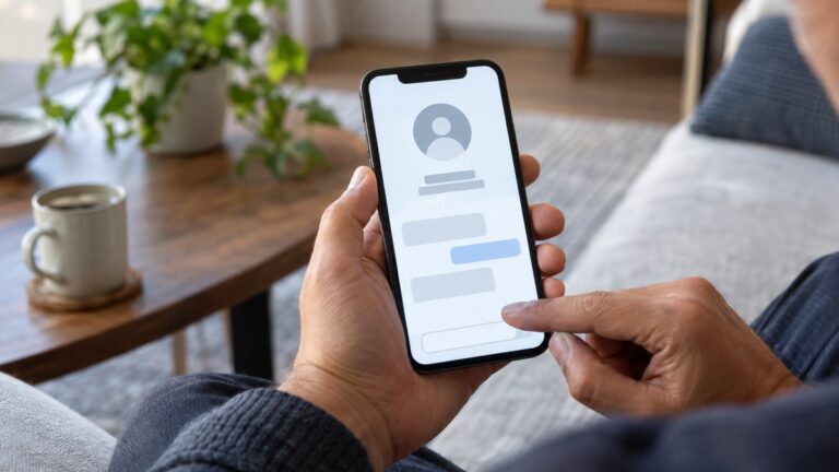 Un adult ține un telefon cu un profil de mesagerie pentru afaceri, fără text pe ecran.