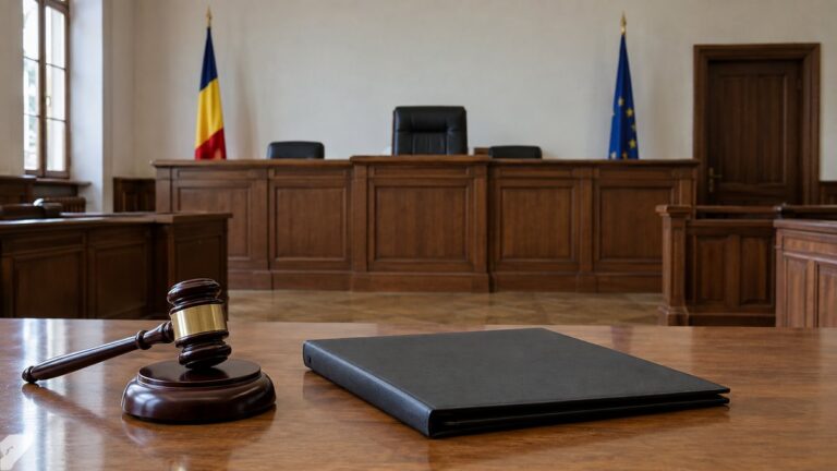 Ciocănel de judecător lângă un dosar închis într-o sală de judecată.