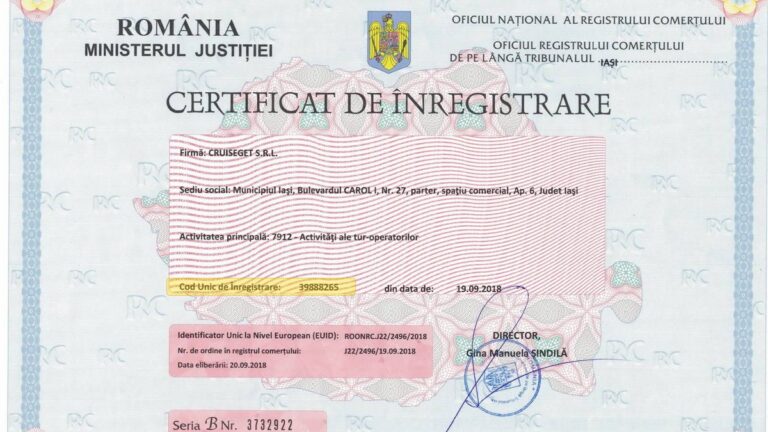 Certificat de înregistrare emis de ONRC, cu evidențierea câmpului pentru Codul Unic de Înregistrare (CUI) al firmei.