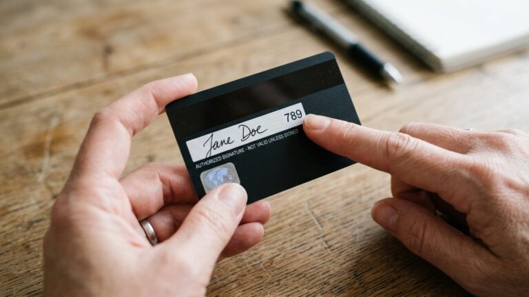 Spatele unui card bancar, cu un deget care indică codul de securitate CVV din trei cifre de pe banda albă de semnătură.