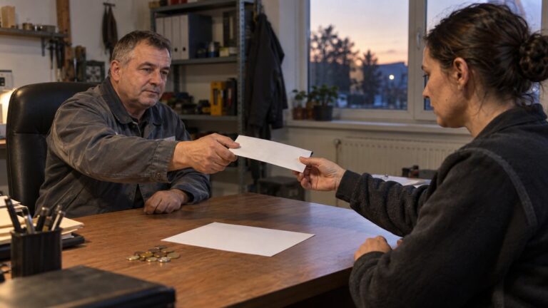 Un angajat primește un plic simplu cu salariul după muncă.