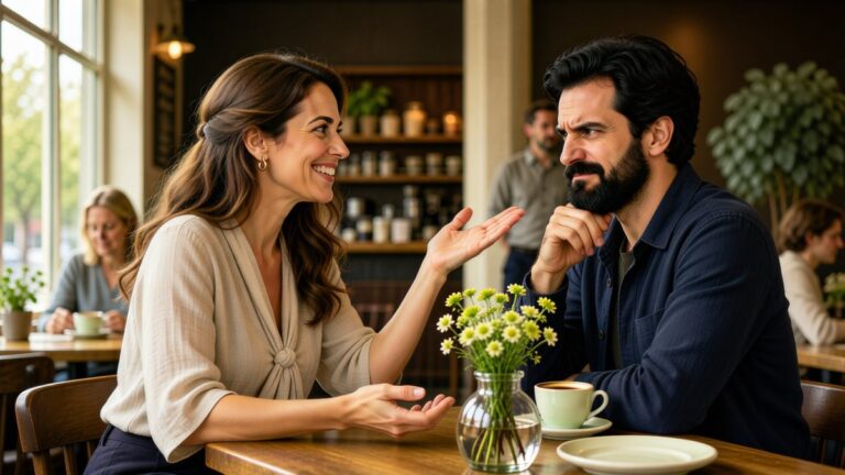 Un adult zâmbește ironic, iar interlocutorul îi observă expresia într-o cafenea.