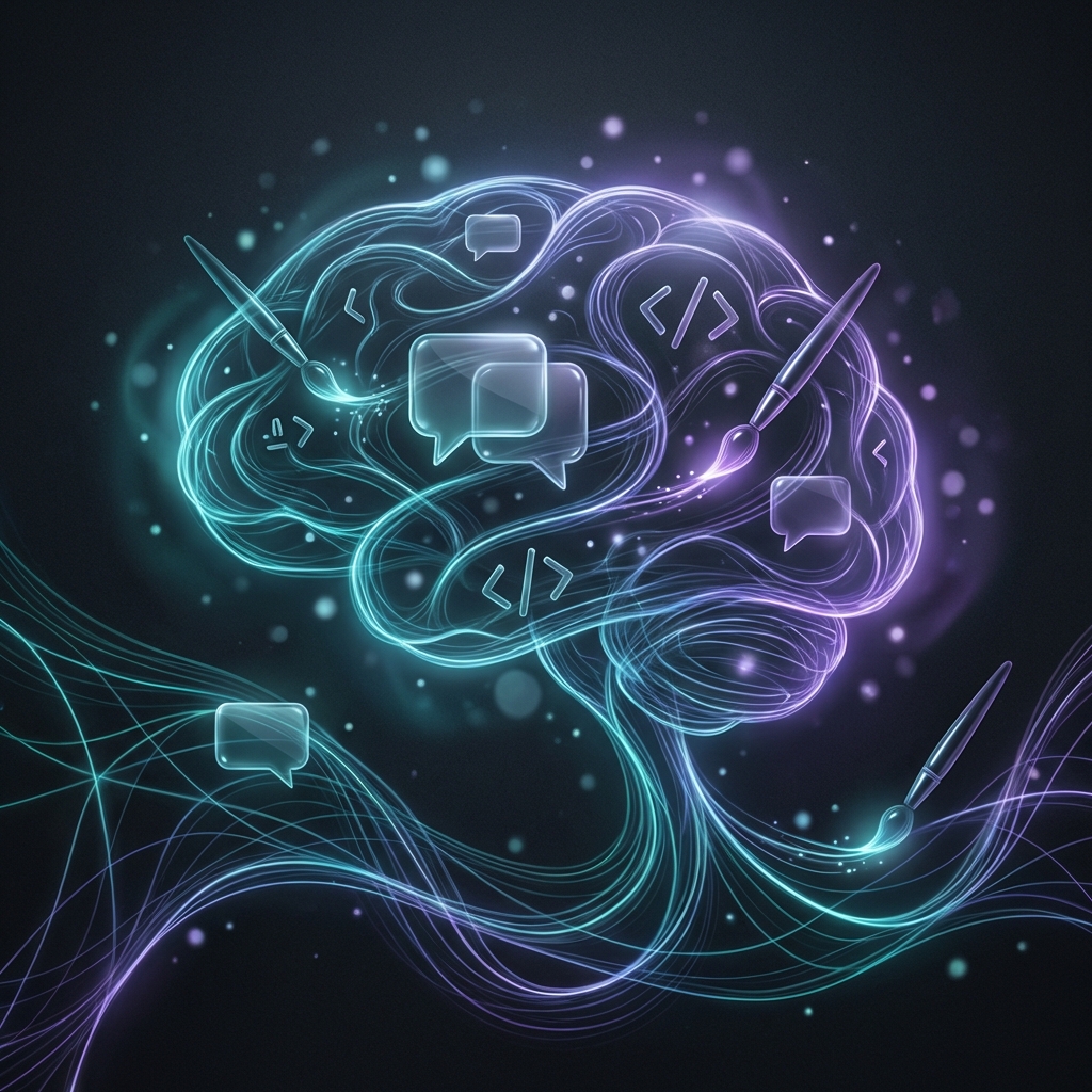 Vizualizare conceptuală ChatGPT - creier AI cu conexiuni neurale lumenoase în albastru-verde și coduri de programare