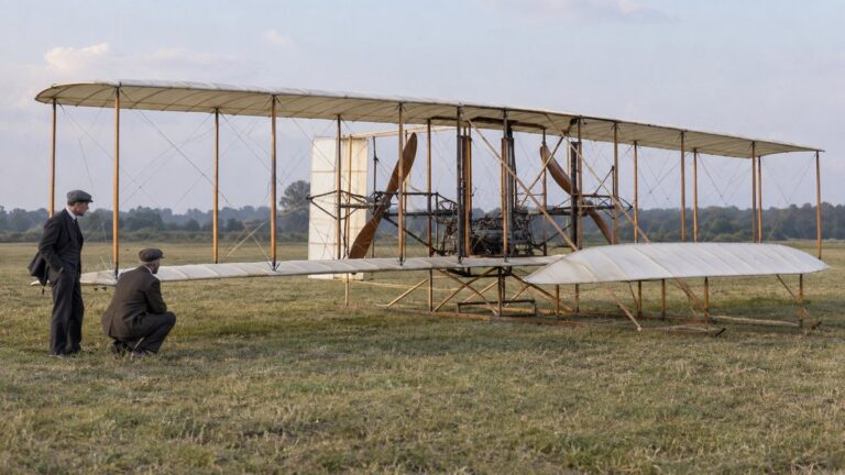 Avion biplan timpuriu din lemn, pe un câmp, lângă inventatori.