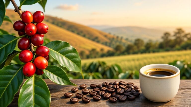 Cireșe de cafea, boabe prăjite și o ceașcă simplă de cafea.