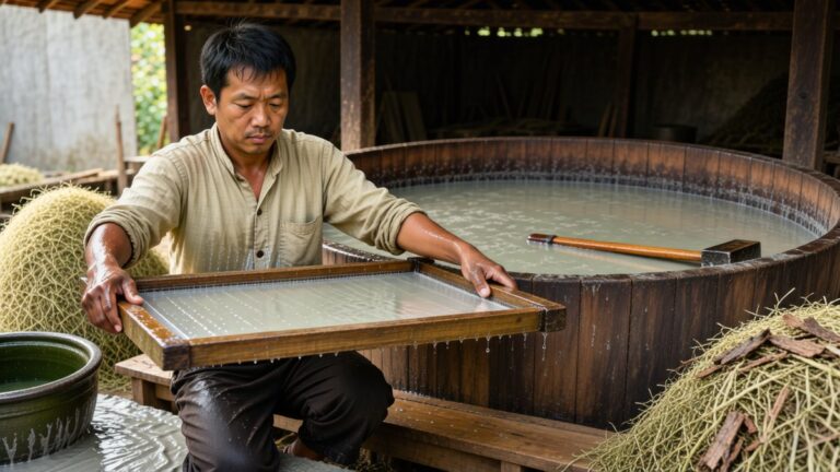 Un meșter ține o sită cu pastă de hârtie deasupra unui vas, într-un atelier tradițional.