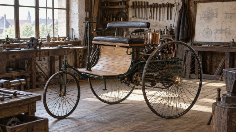 Un automobil Benz timpuriu cu trei roți într-un atelier vechi.