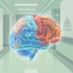 Ilustrație medicală a creierului uman arătând diferența dintre emisfera sănătoasă și cea afectată de AVC