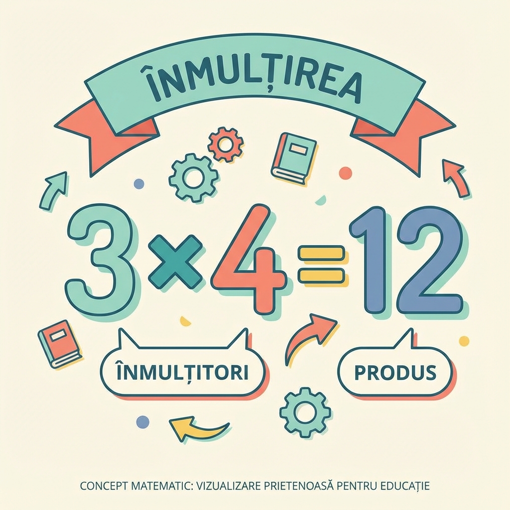 Ilustrație educativă despre înmulțire și produsul numerelor cu numere colorate