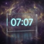 Ceas digital afișând ora 07:07 pe fundal cosmic cu geometrie sacră, simbolizând trezirea spirituală