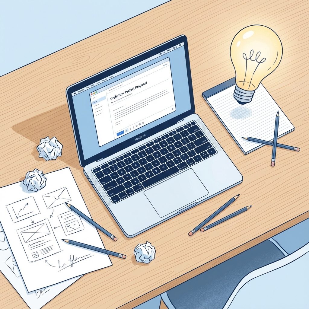 Concept de draft - birou cu documente si laptop cu email draft