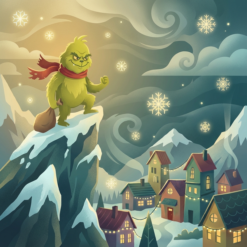 Grinch personajul de Crăciun pe muntele înzăpezit privind un sat colorat