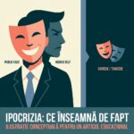 Ilustrație conceptuală despre ipocrizie - persoană cu două fețe, simbolism teatral