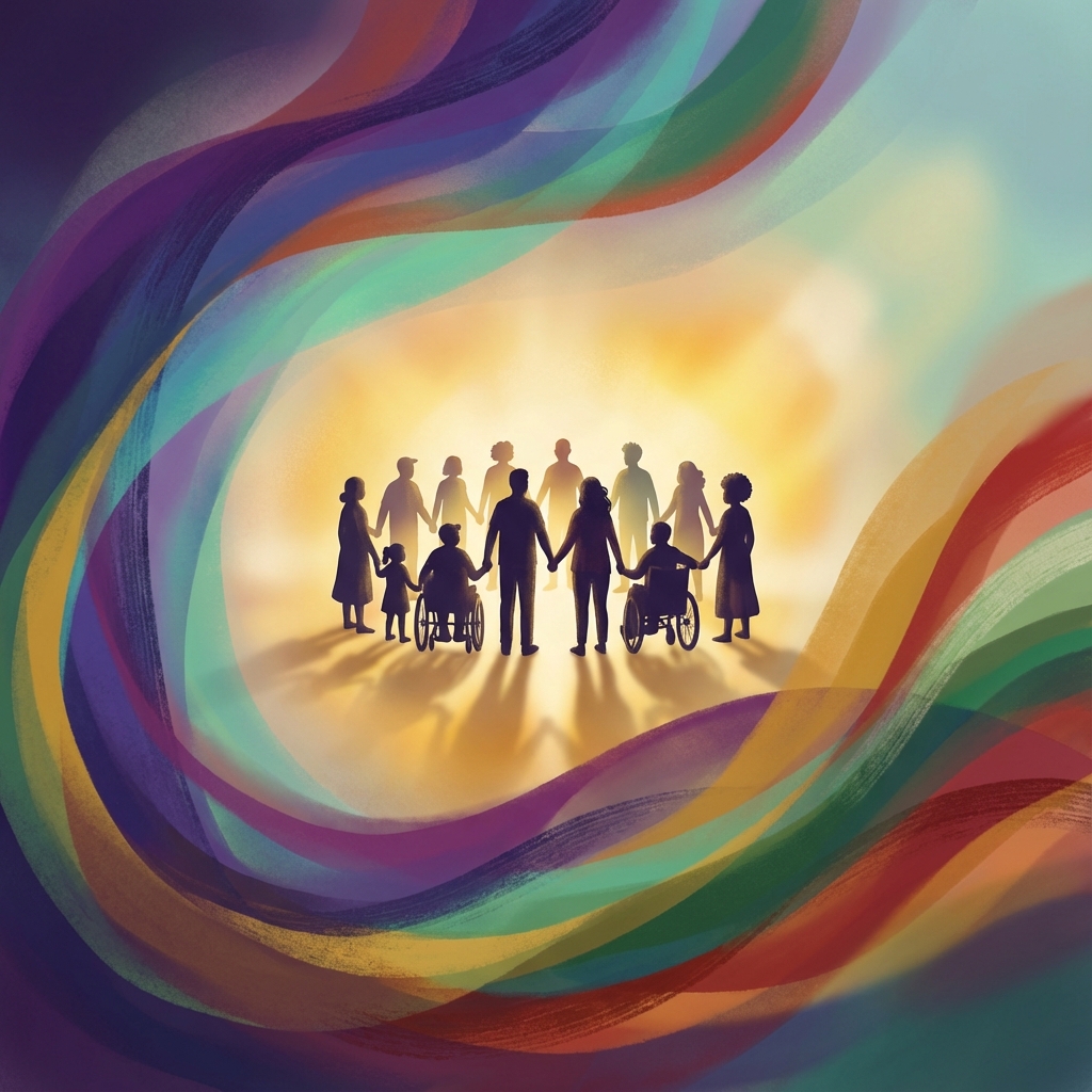 Siluete diverse unite sub culorile curcubeului - simbolul comunității queer