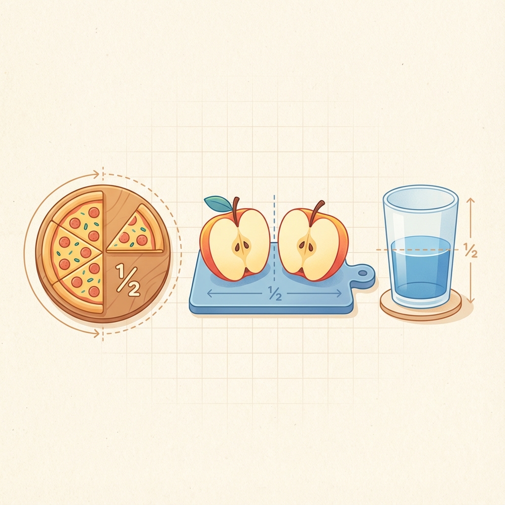 Ce înseamnă 1/2 - ilustrație cu măr și pizza tăiate în jumătate reprezentând fracția 1/2
