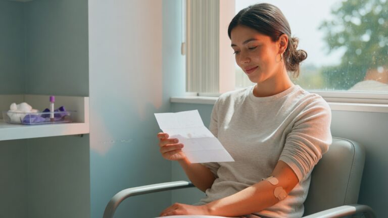 Femeie după recoltarea sângelui, citind rezultatul care arată Rh pozitiv