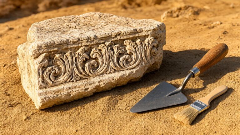 Fragment de piatră sculptată antică și unelte de arheologie pe nisipul unui sit istoric.