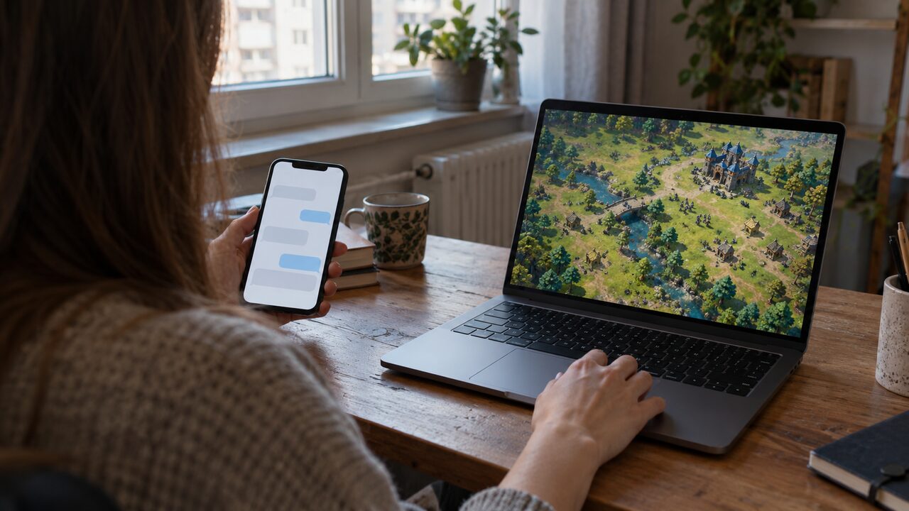 O persoană văzută din spate ține un telefon cu bule de conversație goale, lângă un laptop pe care se vede un joc cu un castel și păduri.